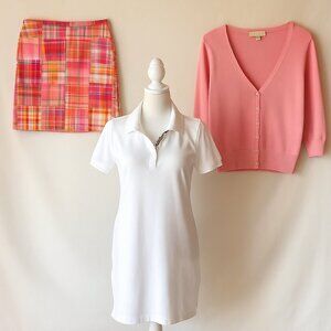 Preppy Pink Patchwork Skirt White Polo Dress Cardigan Bundle Size M